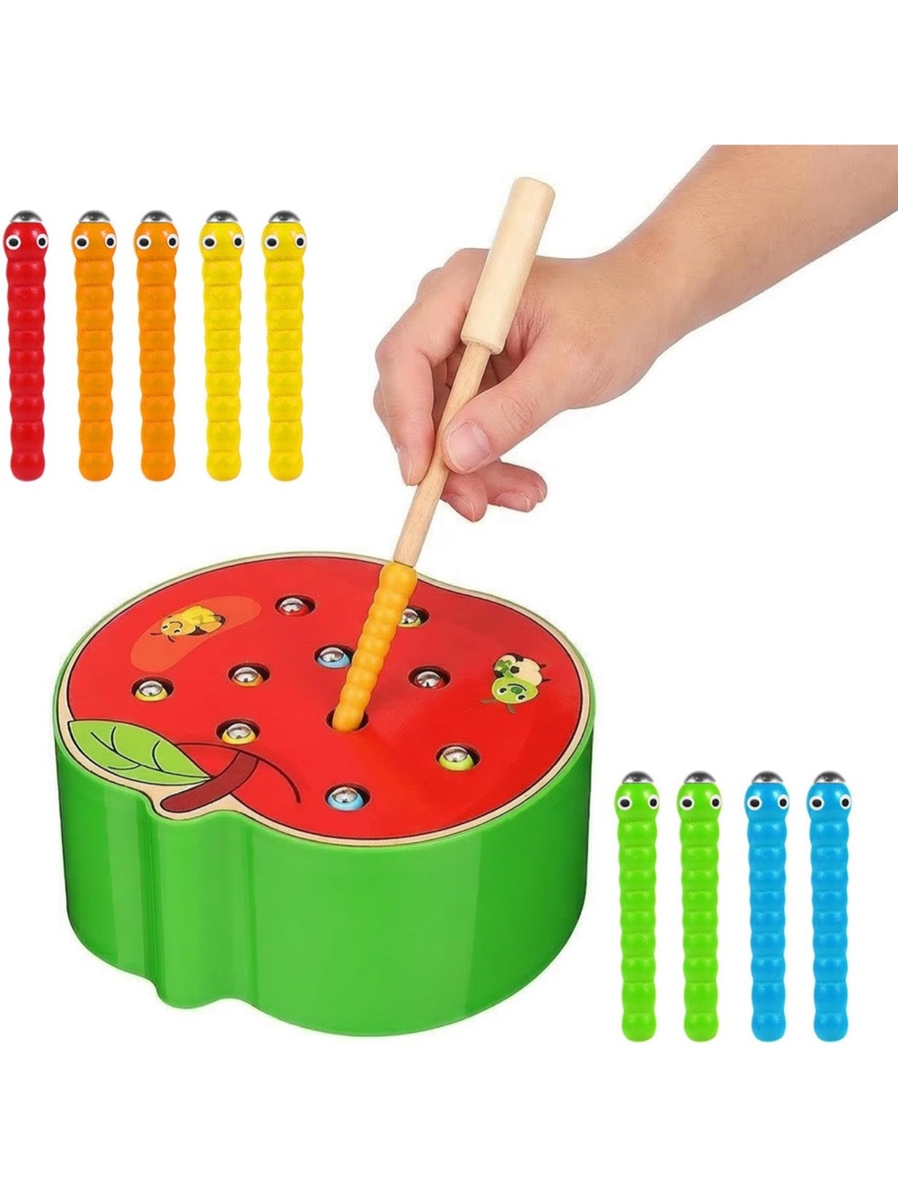 Magnetic Apple and Worms Toy, Wooden Montessori Fine Motor Skills Toys